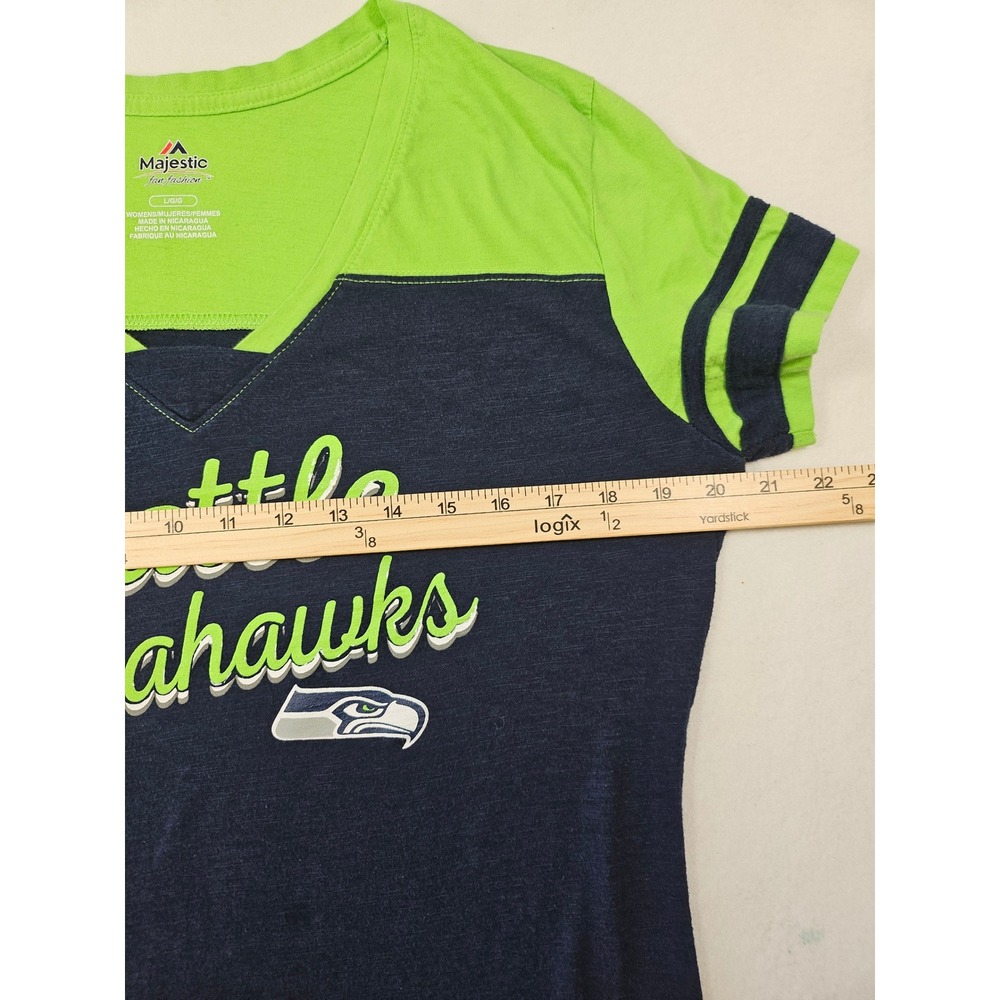 Majestic Seattle Seahawks Women's V-Neck Tee‎ Navy Blue Neon Green Logo Size Lg - Picture 7 of 9